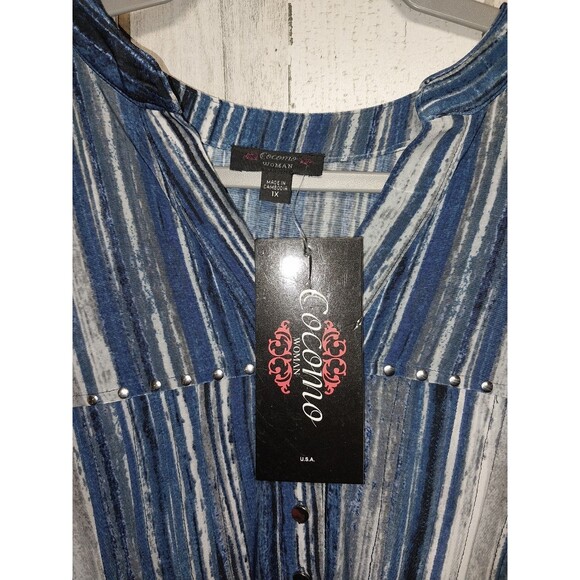 Cocomo Women's Striped Roll Tab Sleeve Pintuck Tunic Blouse Blue Plus Size 1X - Picture 6 of 9
